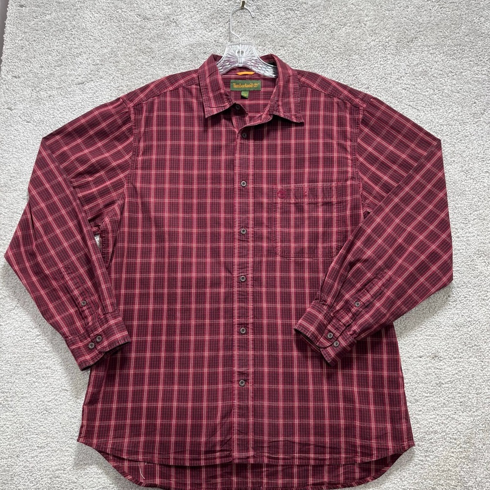 Timberland Shirt Mens Large Burgundy‎ Plaid Logo Button Up Round Hem Casual